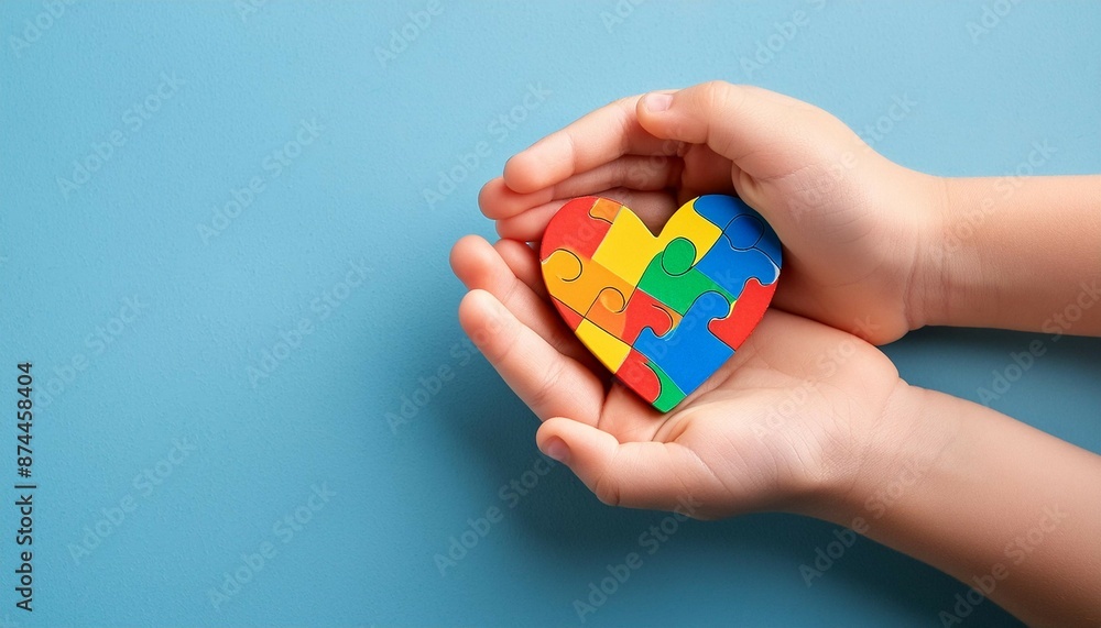custom made wallpaper toronto digitalChild hand holding colorful heart on blue background. World autism awareness day concept