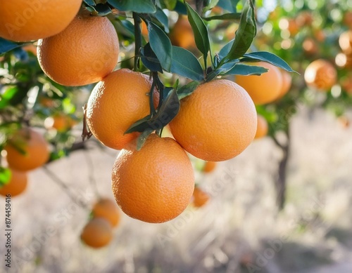 Bunch of fresh ripe oranges hanging on a tree in orange garden. Details of Spain