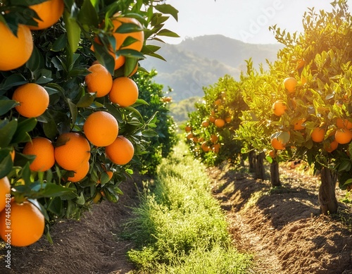 Bunch of fresh ripe oranges hanging on a tree in orange garden. Details of Spain