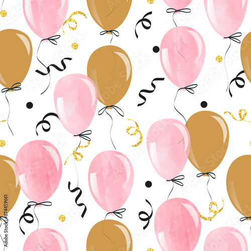 Watercolor pink and gold balloons seamless pattern. Vector celebration background