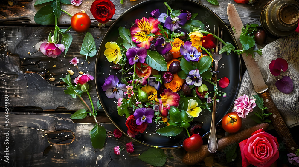 Naklejka premium A plantbased recipe using natural foods like vegetables and edible flowers, beautifully presented on tableware. Includes ingredients like roses, fruits, and fresh vegetables