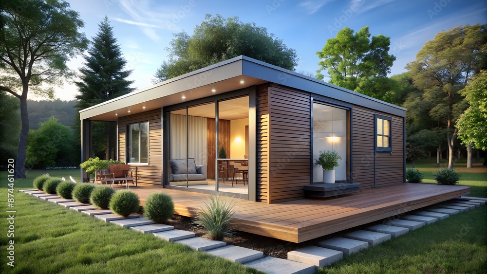 Fototapeta premium Modern Prefab Home with Large Glass Windows and Wooden Exterior in a Beautiful Natural Setting