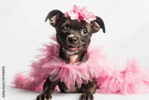 Happy Dog wearing Ballerina costumes, studio lighting, isolated on white background, stock photographic style photo