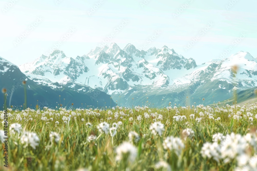 Obraz premium A serene mountain landscape with snow-capped peaks towering above a tranquil alpine meadow.