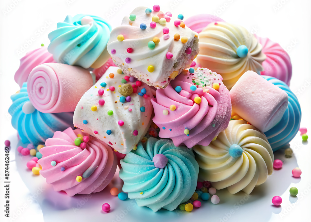 Vibrant pastel hues backdrop featuring assorted whimsical marshmallows individually shaped with sprinkles, swirly chocolate drizzle, and delicate textures, evoking playful childhood wonder. Vibrant pastel hues backdrop featuring assorted whimsical marshmallows individually shaped with sprinkles, swirly chocolate drizzle, and delicate textures, evoking playful childhood wonder.