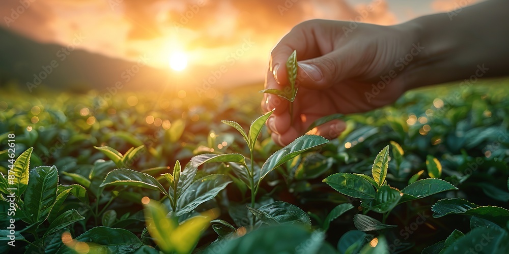 Fototapeta premium green tea leaf in hand on background of mountains. Harvesting tea by farmer hand