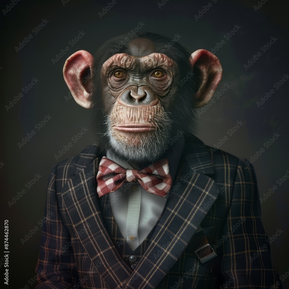 A monkey dressed in an elegant tuxedo with a top hat and bow tie, exuding sophistication and class, standing against a dark, textured background
A monkey dressed in an elegant tuxedo with a top hat and bow tie, exuding sophistication and class, standing against a dark, textured background