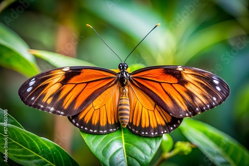 Delicate orange and black butterfly perches on a lush green leaf, its intricate wings spread wide, showcasing nature's beauty in a serene forest setting.