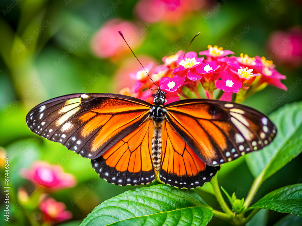 Delicate orange and black butterfly perched on a vibrant pink flower, its wings gently folded, surrounded by lush green leaves and delicate flower petals. Delicate orange and black butterfly perched on a vibrant pink flower, its wings gently folded, surrounded by lush green leaves and delicate flower petals.