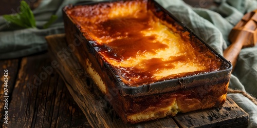 Basque cheesecake with caramelized top and creamy slightly jiggly center in loaf pan. Concept Basque Cheesecake, Caramelized Top, Loaf Pan, Creamy Center, Jiggly Texture photo