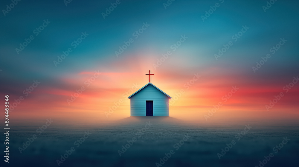 A small church with a cross on its roof stands alone against a stunning sunset sky, creating a serene and hopeful atmosphere, symbolizing faith, solitude, and spiritual reflection. A small church with a cross on its roof stands alone against a stunning sunset sky, creating a serene and hopeful atmosphere, symbolizing faith, solitude, and spiritual reflection.