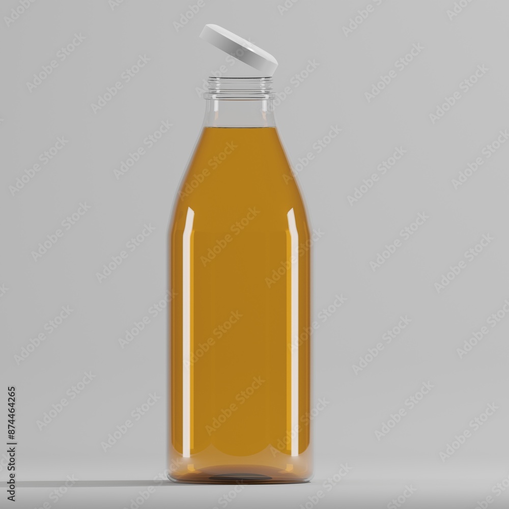 Fototapeta premium A clear glass bottle filled with a golden-amber liquid stands on a light gray background. The white cap hovers above the open bottle, creating a sense of anticipation and showcasing