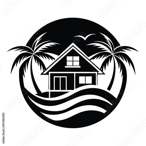 vector logo for a real estate company specializing in coastal properties. Feature a beach house with palm trees and waves