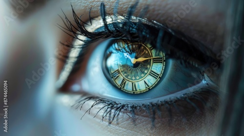 Woman's eye with a clock lens on her eyeball closeup image. Lack of time or time passing by concept photo