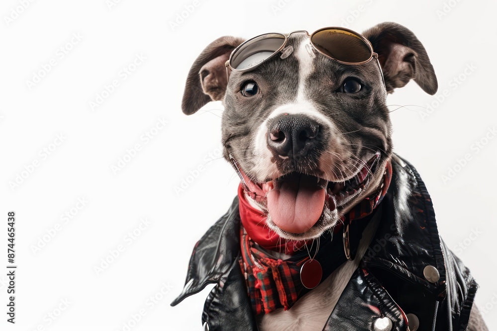 Obraz premium Happy Dog wearing Punk Rocker costumes, studio lighting, isolated on white background, stock photographic style