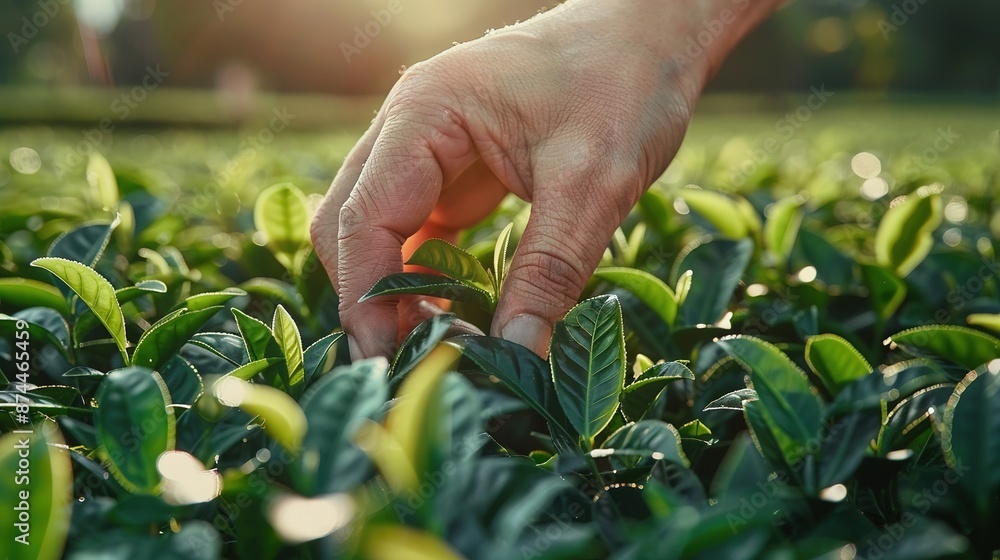 green tea leaf in hand on background of mountains. Harvesting tea by farmer hand green tea leaf in hand on background of mountains. Harvesting tea by farmer hand