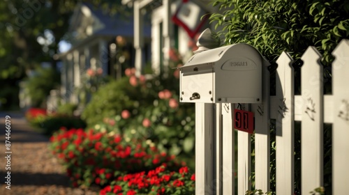 A white picket fence with a mailbox mounted on it.
