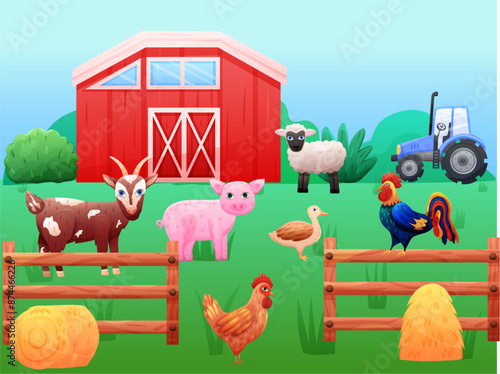 Set with red farm house, hay straw and animals. Vector kids illustration