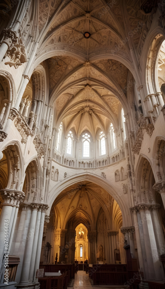 Fototapeta premium Gothic Catholic Cathedral Church Interior of a Hallway Vaulted High Ceiling Arches Religious Architecture 9:16