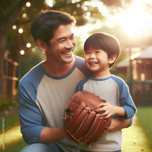 father plays with little son on green lawn on sunny summer day