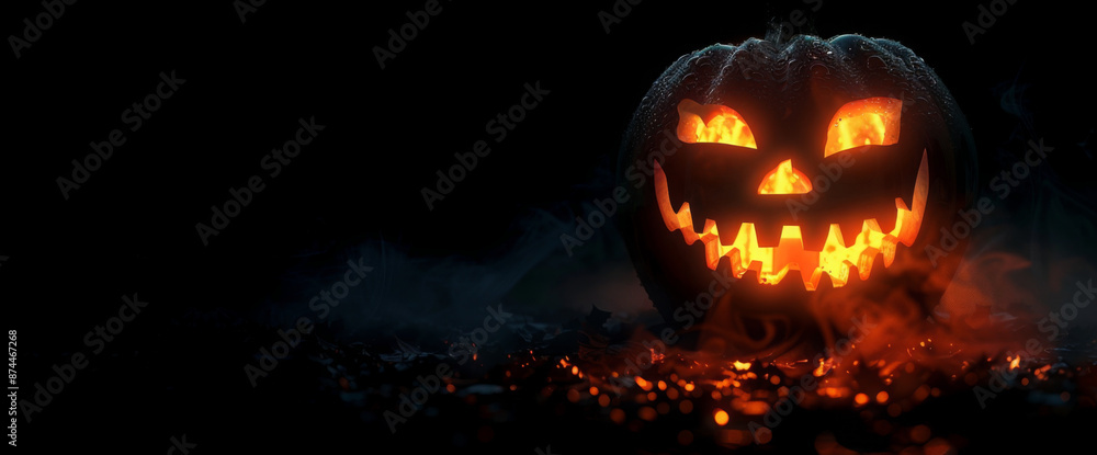 Naklejka premium Halloween pumpkin with scary face on black background.