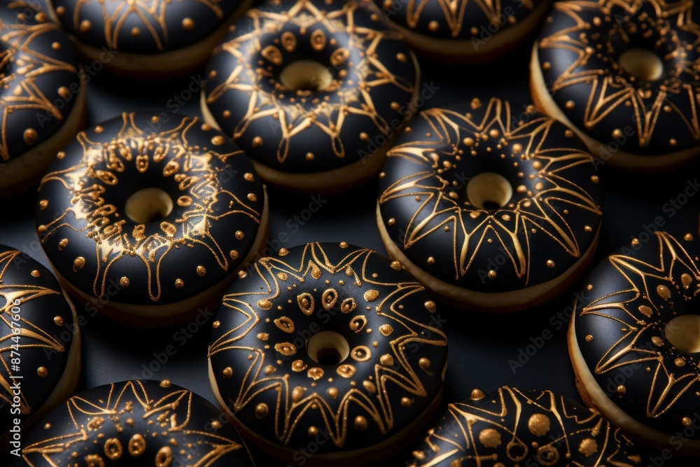 Artisanal chocolate donuts with elegant gold patterns on a dark background, perfect for upscale dessert menus
