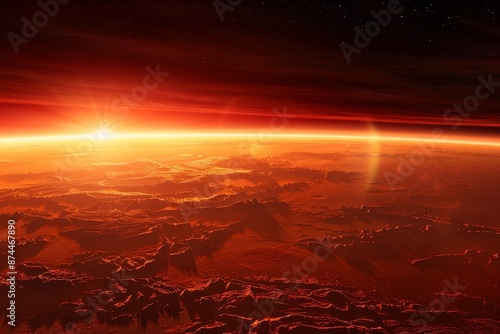 Dramatic and Breathtaking View of the Martian Landscape at Sunset,Featuring a Glowing,Mysterious Horizon and a Vibrant Red Sky. This Otherworldly,Epic Scene Captures the Rugged. - Dramatic and Breatht photo