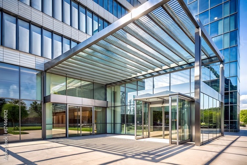Contemporary architectural design features sleek glass and steel entrance of a modern building with geometric lines, minimalist aesthetics, and a bright sunny day ambiance. © Adisorn