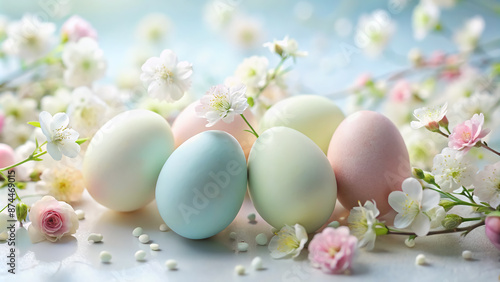 Soft focus pastel-hued eggs nestled among delicate flowers on a gentle, creamy background, evoking a sense of serenity and whimsical charm.