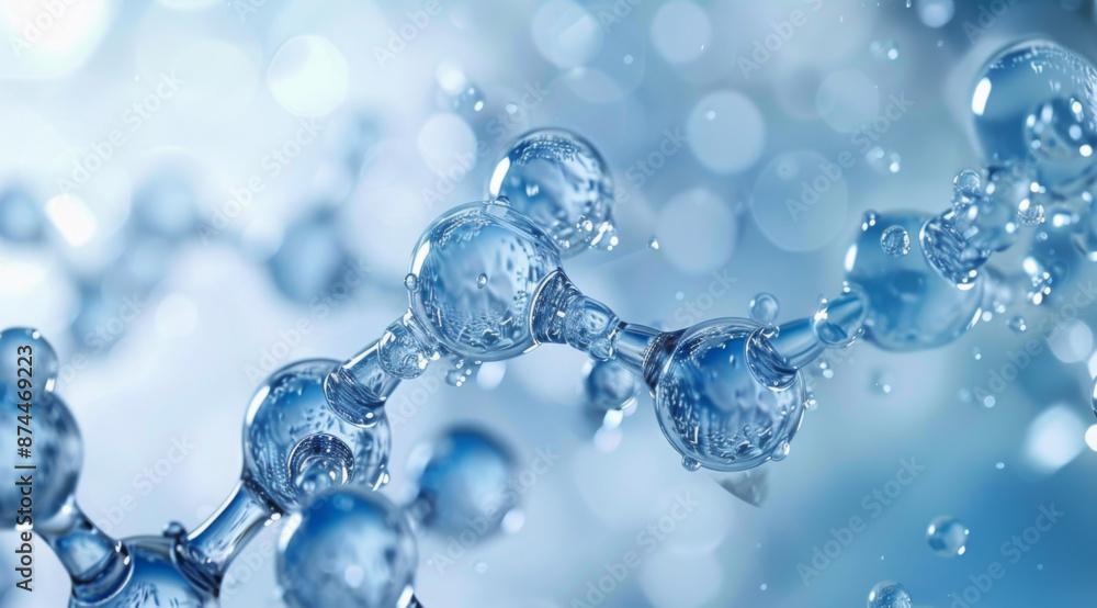 Water molecules and closeup of water on a light blue white gradient background, light gray tone, transparent glass material. Water molecules and closeup of water on a light blue white gradient background, light gray tone, transparent glass material.