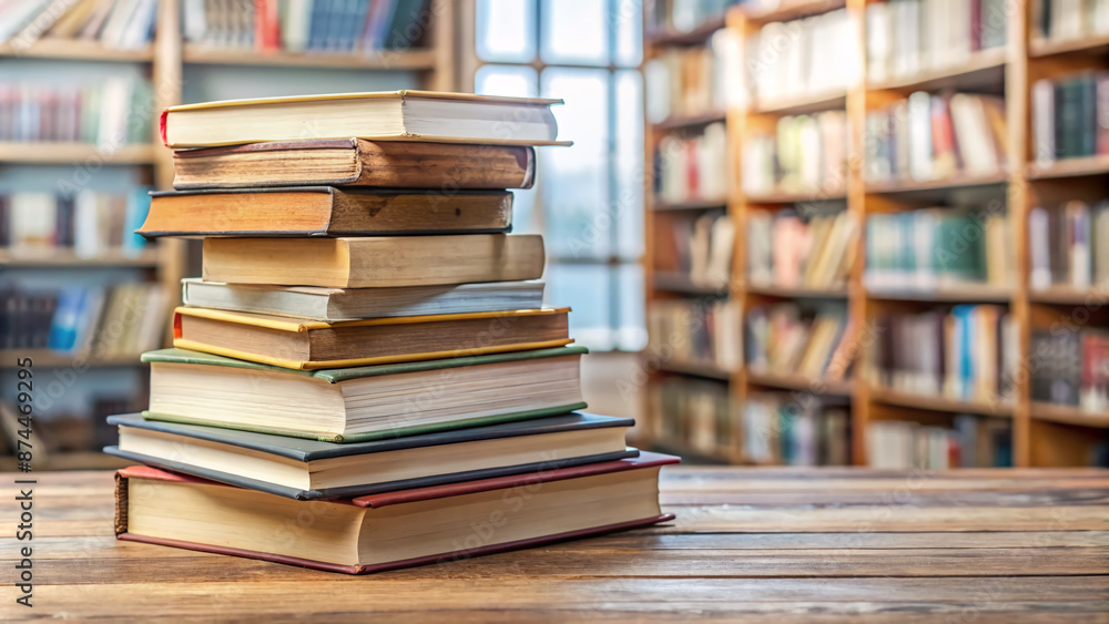 A neatly organized stack of worn hardcover books and paperbacks occupies a wooden desk amidst the quiet atmosphere of a well-lit public library. A neatly organized stack of worn hardcover books and paperbacks occupies a wooden desk amidst the quiet atmosphere of a well-lit public library.