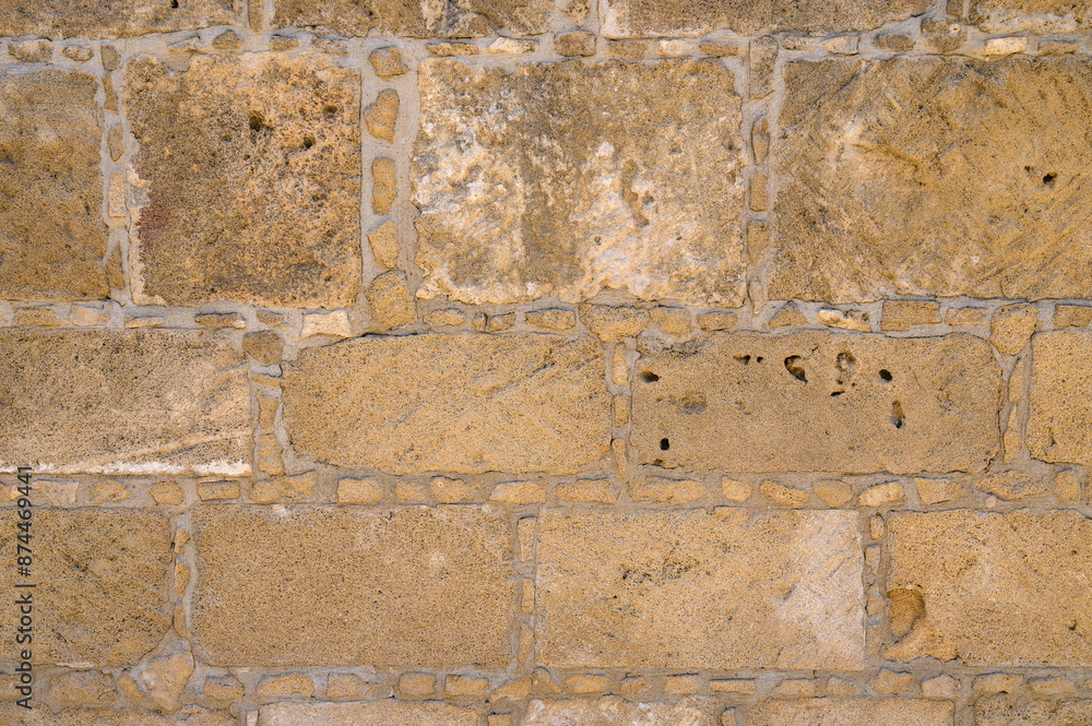 Fototapeta premium Yellow brick wall, copy space, brick texture, background