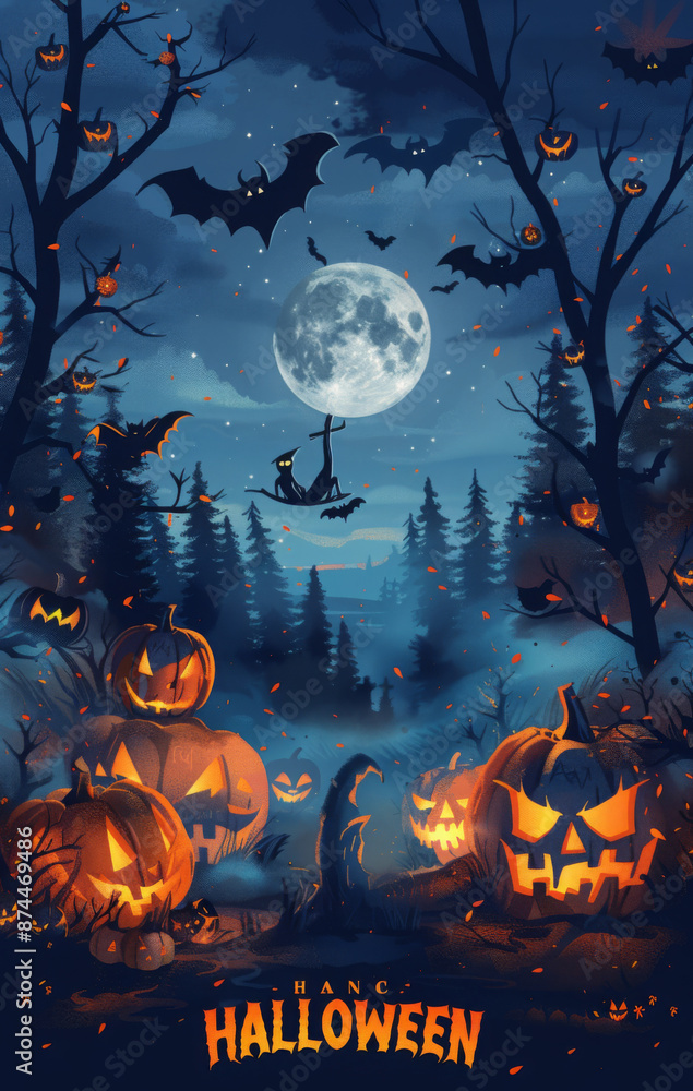 Fototapeta premium Happy halloween banner or party invitation background with violet fog clouds and pumpkins
