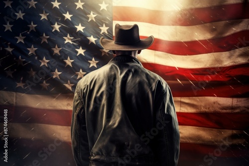 Silhouette of a cowboy with a hat facing the american flag, symbolizing patriotism © juliars