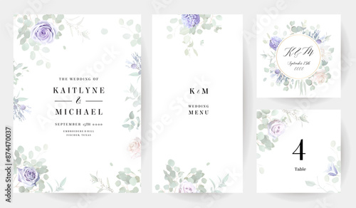 Periwinkle violet, purple bellflower, dusty mauve and lilac rose, hyacinth, wisteria, lavender, eucalyptus vector design frames. Stylish wedding flowers banners. Elements are isolated and editable