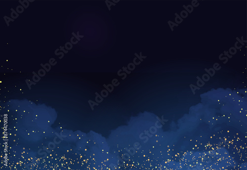 Magic night dark blue frame with sparkling glitter bokeh and light art. Square vector wedding card. Gold confetti and navy background. Golden scattered celestial dust. Fairytale magic star template