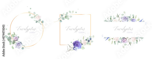 Periwinkle violet, purple hydrangea, dusty mauve and lilac rose, bellflower, hyacinth, lavender, eucalyptus vector design frames. Stylish wedding flowers banners. Elements are isolated and editable