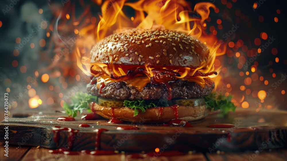 Hot Burger Promotional commercial food photo. Hot Spicy Burger with Flame. Food Background. Hot Burger Promotional commercial food photo. Hot Spicy Burger with Flame. Food Background.