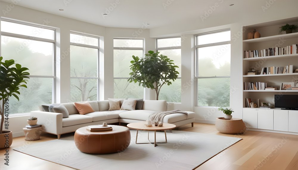 Fototapeta premium Modern interior style design living room. Lighting and sunny Scandinavian apartment with plaster and wood. 3D Rendering