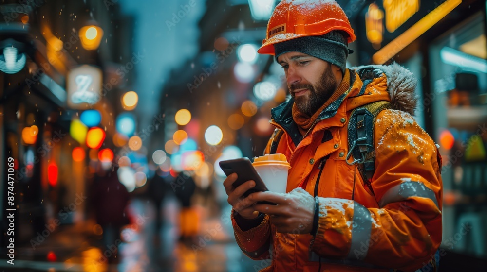 Construction Worker Using Smartphone on Snowy City Street at Night Construction Worker Using Smartphone on Snowy City Street at Night
