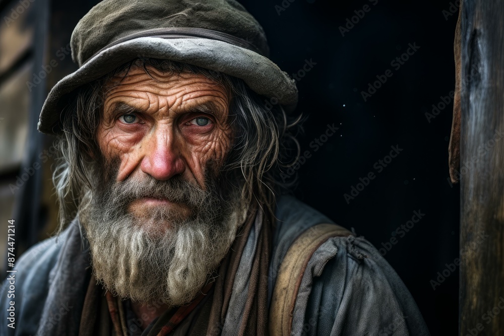Close-up of an elderly man with deep-set eyes and a rugged beard, evoking wisdom and resilience Close-up of an elderly man with deep-set eyes and a rugged beard, evoking wisdom and resilience