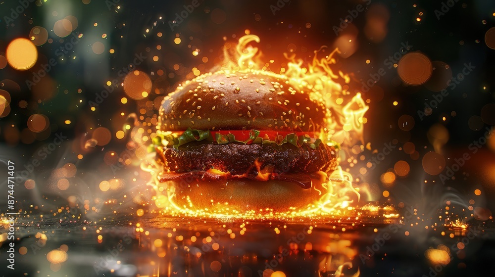 Hot Burger Promotional commercial food photo. Hot Spicy Burger with Flame. Food Background. Hot Burger Promotional commercial food photo. Hot Spicy Burger with Flame. Food Background.