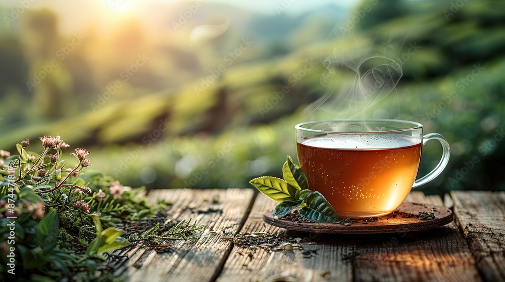 Cup of hot tea and leaf on the wooden table with the tea plantations background Cup of hot tea and leaf on the wooden table with the tea plantations background