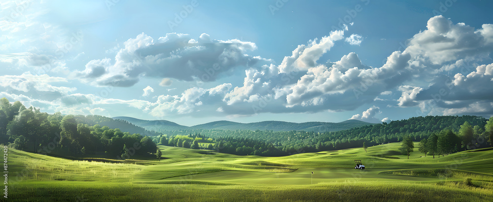 Fototapeta premium A day at a resort golf course, nice weather, beautiful course layout. Golf cart in front, golfers walking to the green, blurred human motion designed