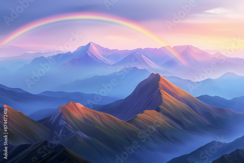 A vibrant rainbow spanning across a mountain range at sunset.
