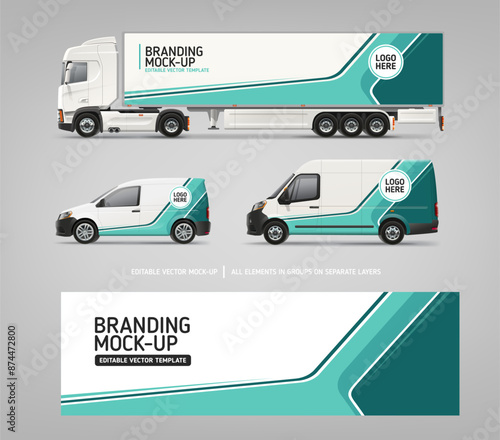 Realistic Van, Truck, Delivery Car mockup with graphics design for branding and corporate identity. Branding vehicle set. Abstract vector graphics for business brand identity on car