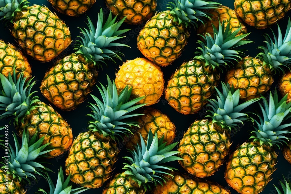 One bright yellow pineapple pops among green pineapples on a dark background One bright yellow pineapple pops among green pineapples on a dark background