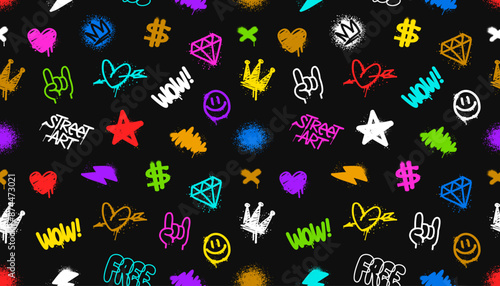 Street Art tags and Rock grunge signs and symbols -  seamless pattern. Vector background of Rock and Street Art Graffiti doodles: crown, diamond, heart, star, and pop art elements 