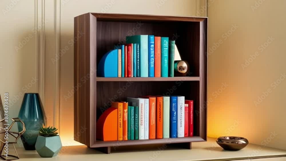 a wooden bookshelf with a modern and minimalist design, featuring a sleek finish and a set of colorful books with a few decorative objects like vases and sculptures. a wooden bookshelf with a modern and minimalist design, featuring a sleek finish and a set of colorful books with a few decorative objects like vases and sculptures.