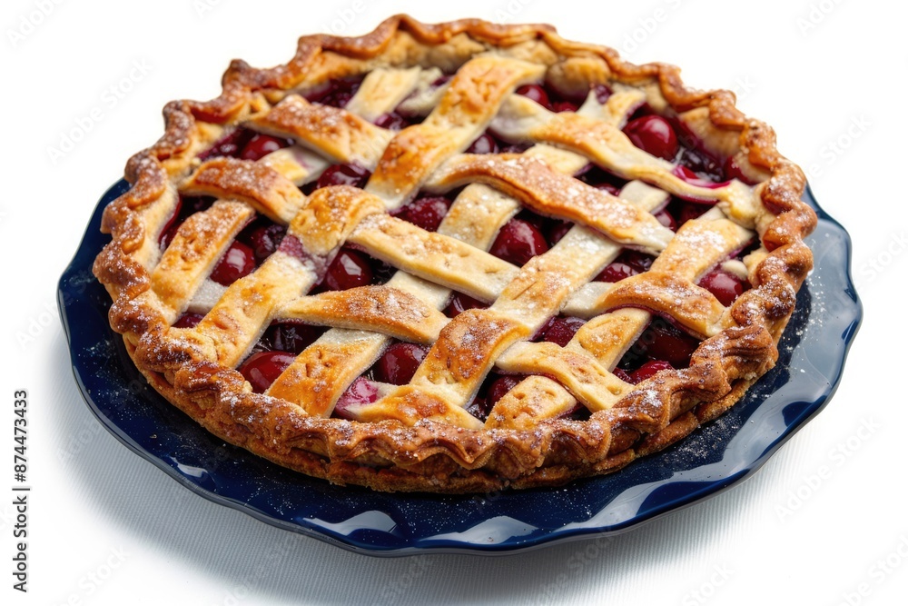 Cherry pie on black plate isolated on white background. Traditional fresh homemade bakery Cherry pie on black plate isolated on white background. Traditional fresh homemade bakery